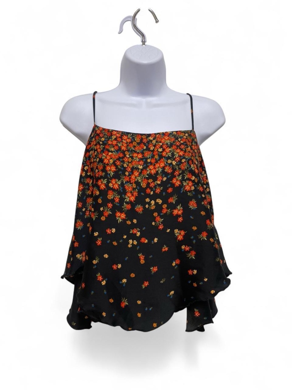 Free People Black Floral Spaghetti Cami with Red and Orange Accents